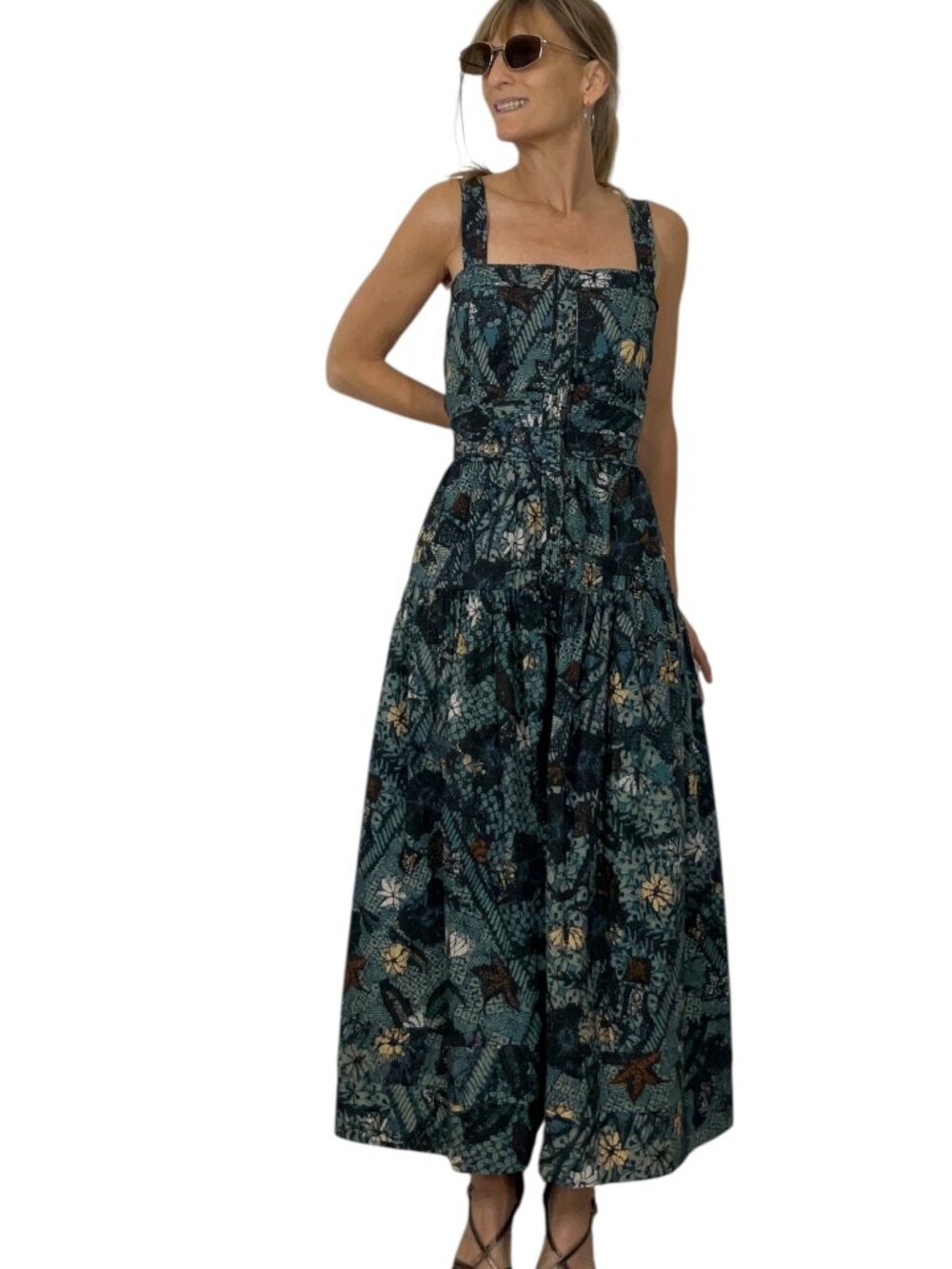 Ulla Johnson Isabela Dress 10 Rainforest Midi Blue Floral Sleeveless Cotton - Picture 4 of 16